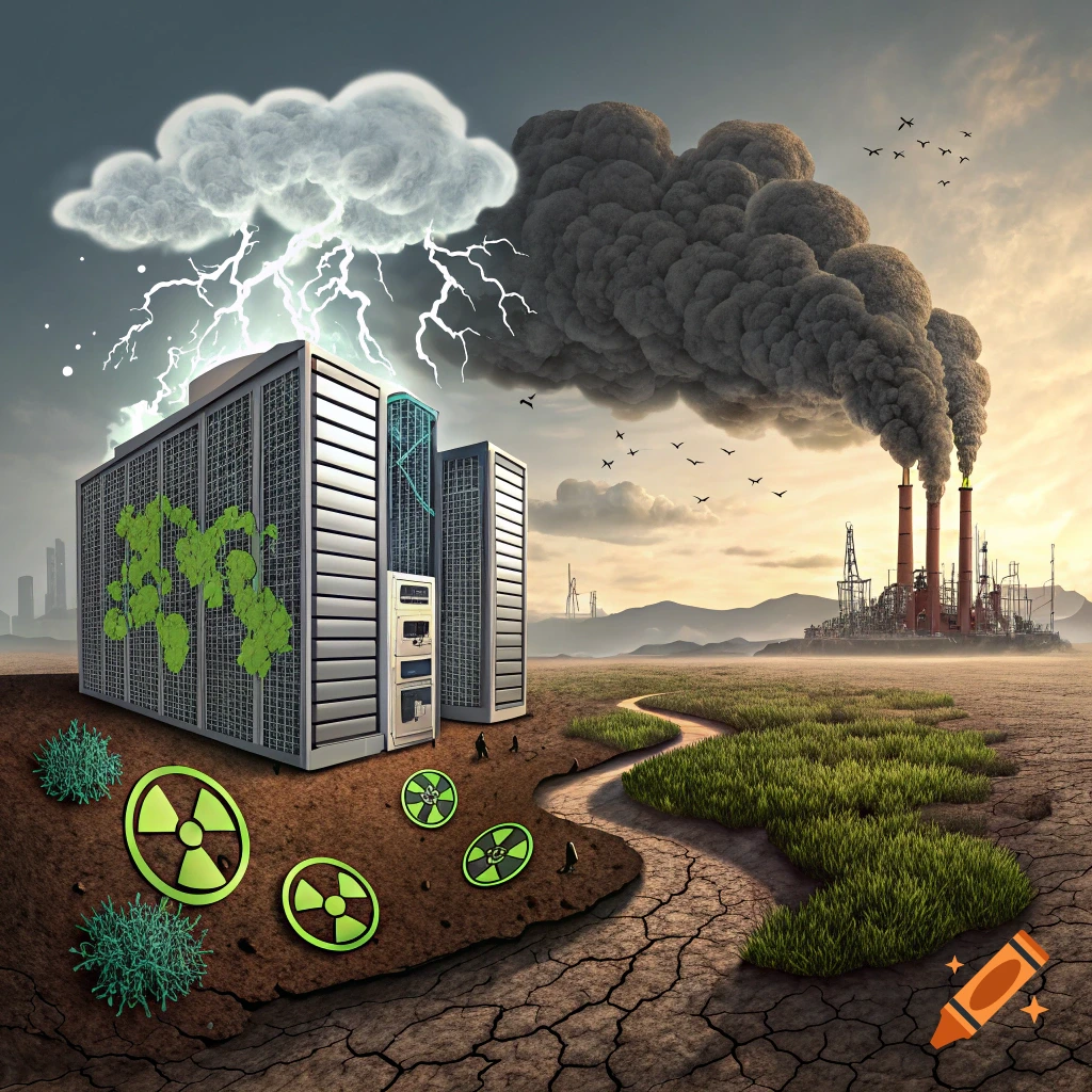 A data center under stormy skies with green symbols contrasts with a polluting factory, cracked earth, radiation symbols, and patchy grass.