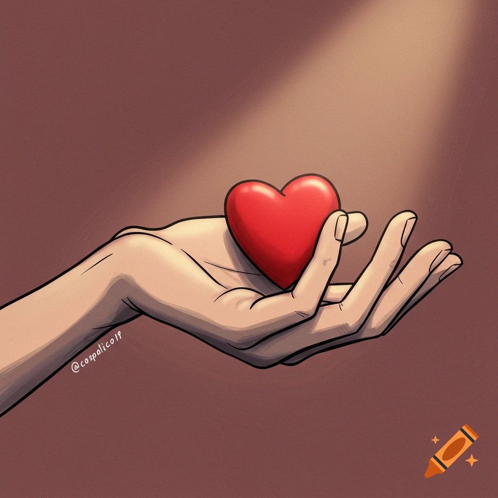 An illustrated hand gently holding a bright red heart.