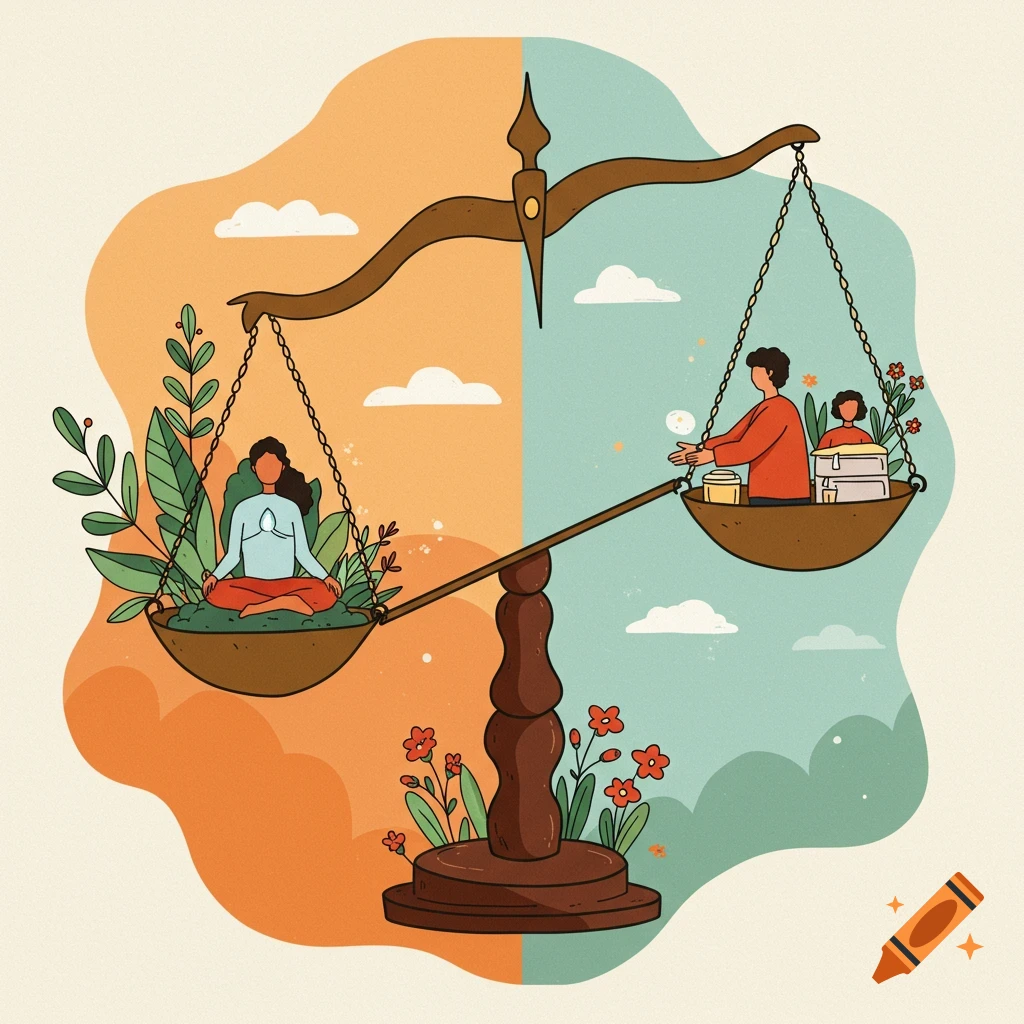 Digital illustration of a scale balancing self-care (meditation) with helping others (people with books).