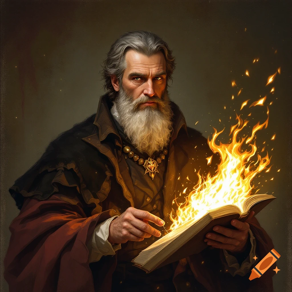 Older man with white beard in dark clothes holds a book with fire erupting from it in a painterly style.