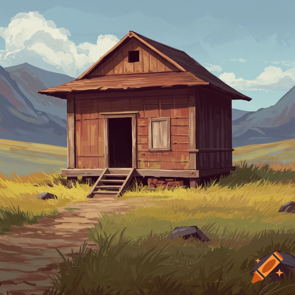 A small wooden house with steps in a grassy field with mountains.