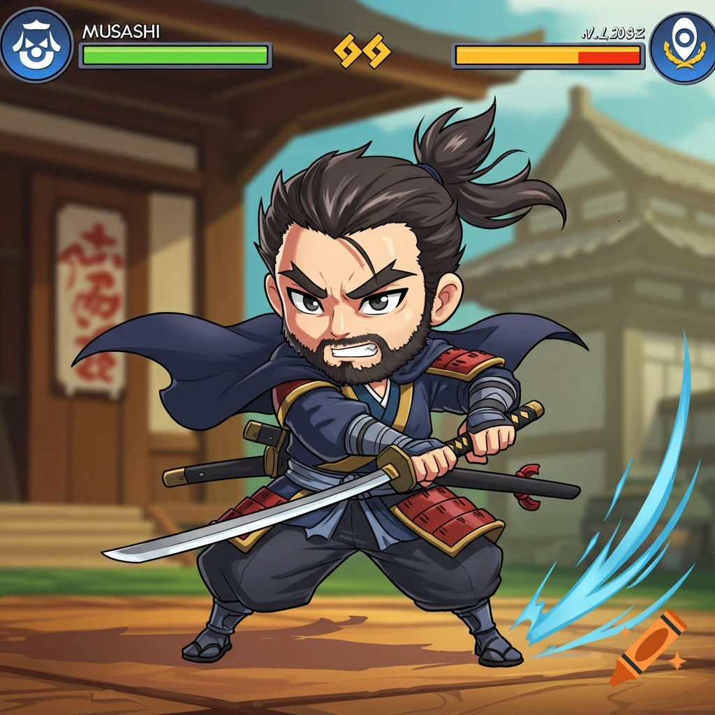 Chibi samurai character 'MUSASHI' in video game UI style, holding two swords.