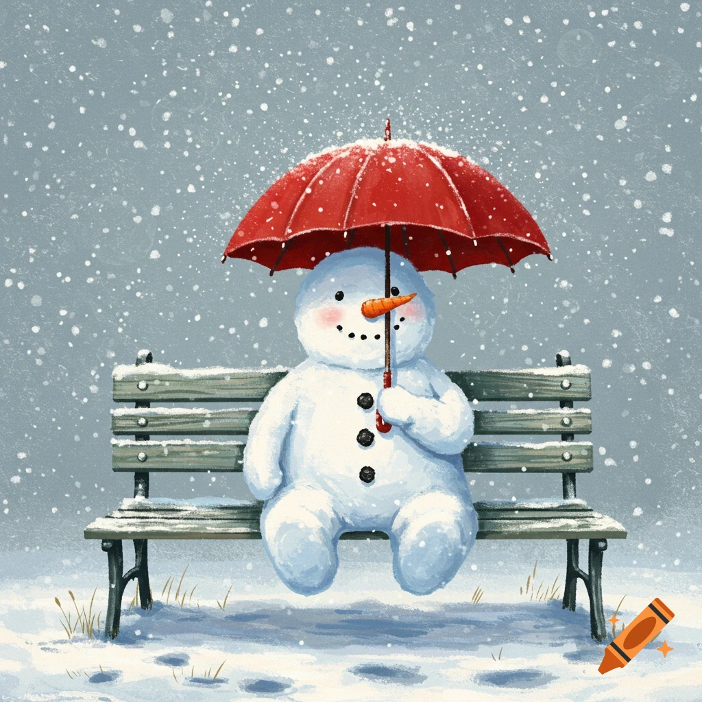 A snowman sitting on a snowy bench, holding a red umbrella while it snows.