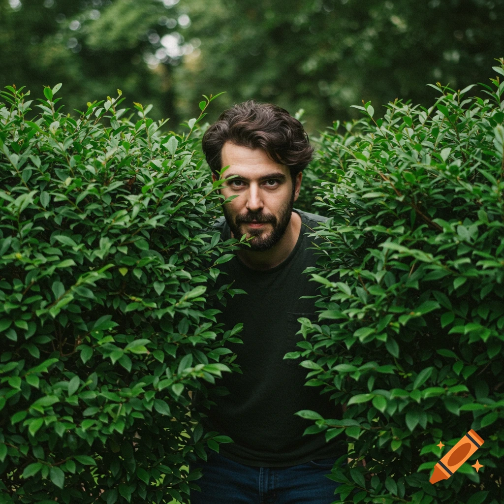 A man with a beard looks through green bushes.