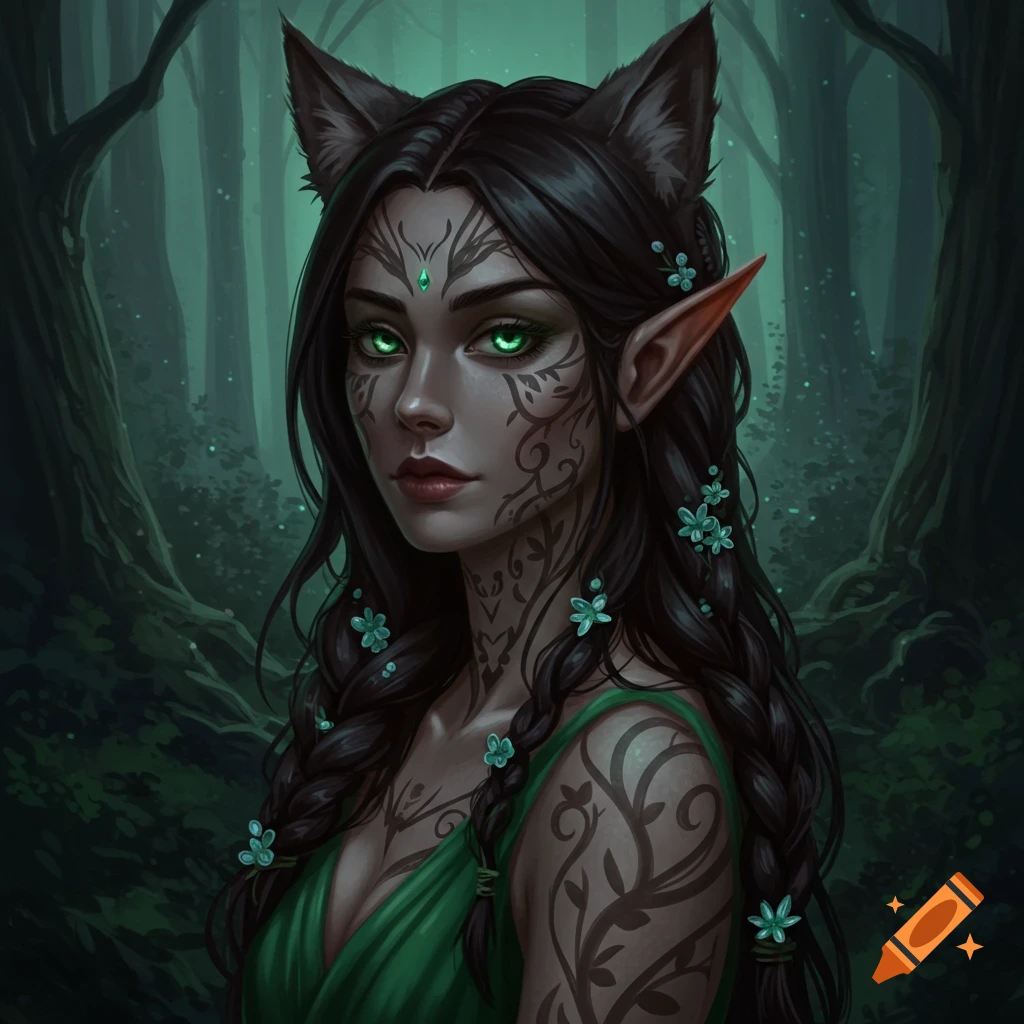 A dark-haired fantasy woman with elf and wolf ears in a forest.