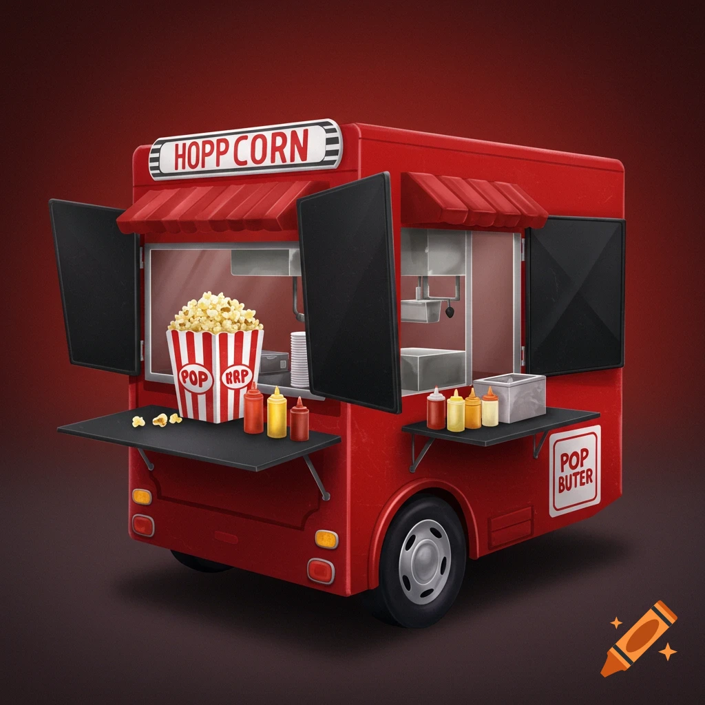 A red popcorn food truck illustration with open windows, a large bucket of popcorn, and condiments.