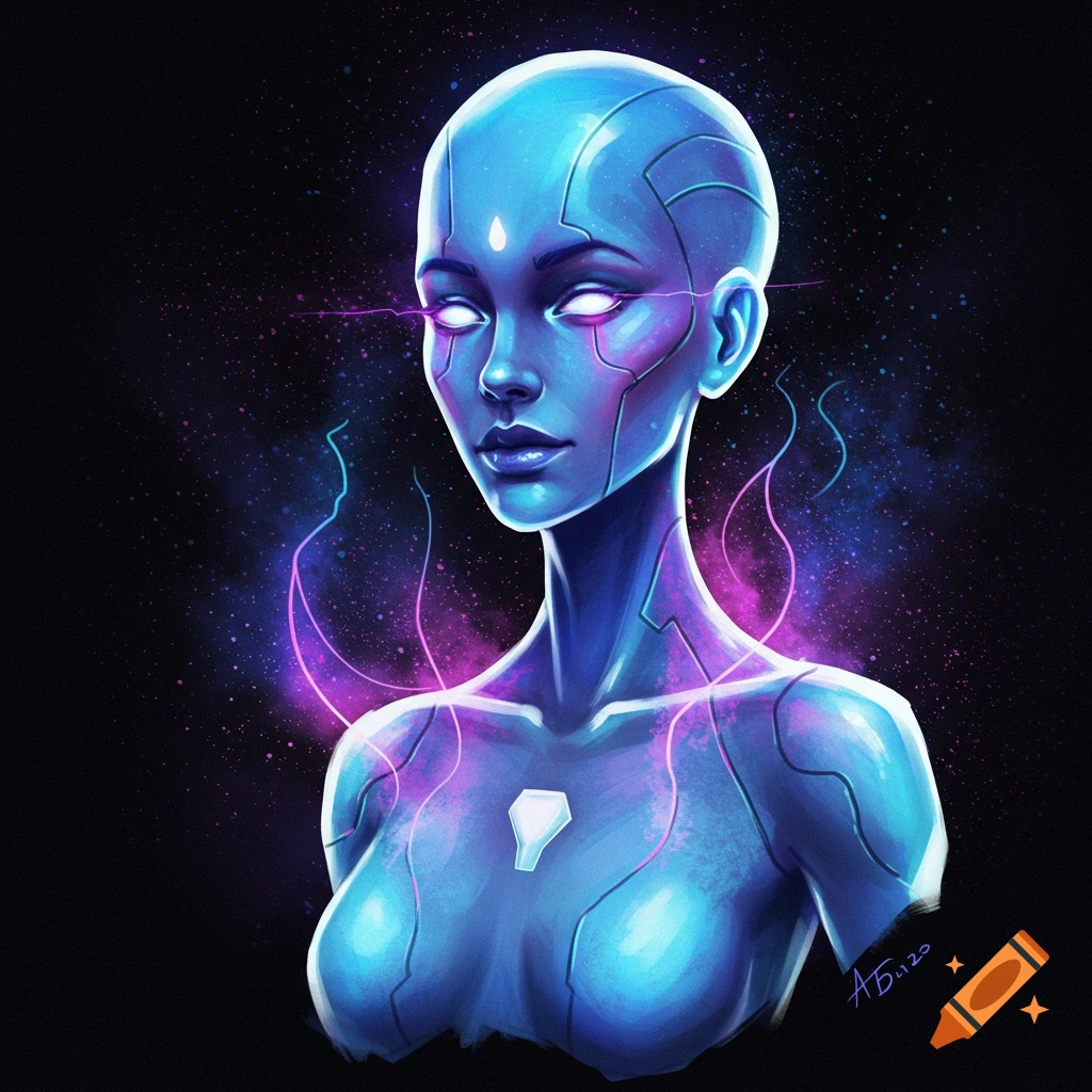 Blue android figure with glowing eyes and mechanical lines against a starry space background.