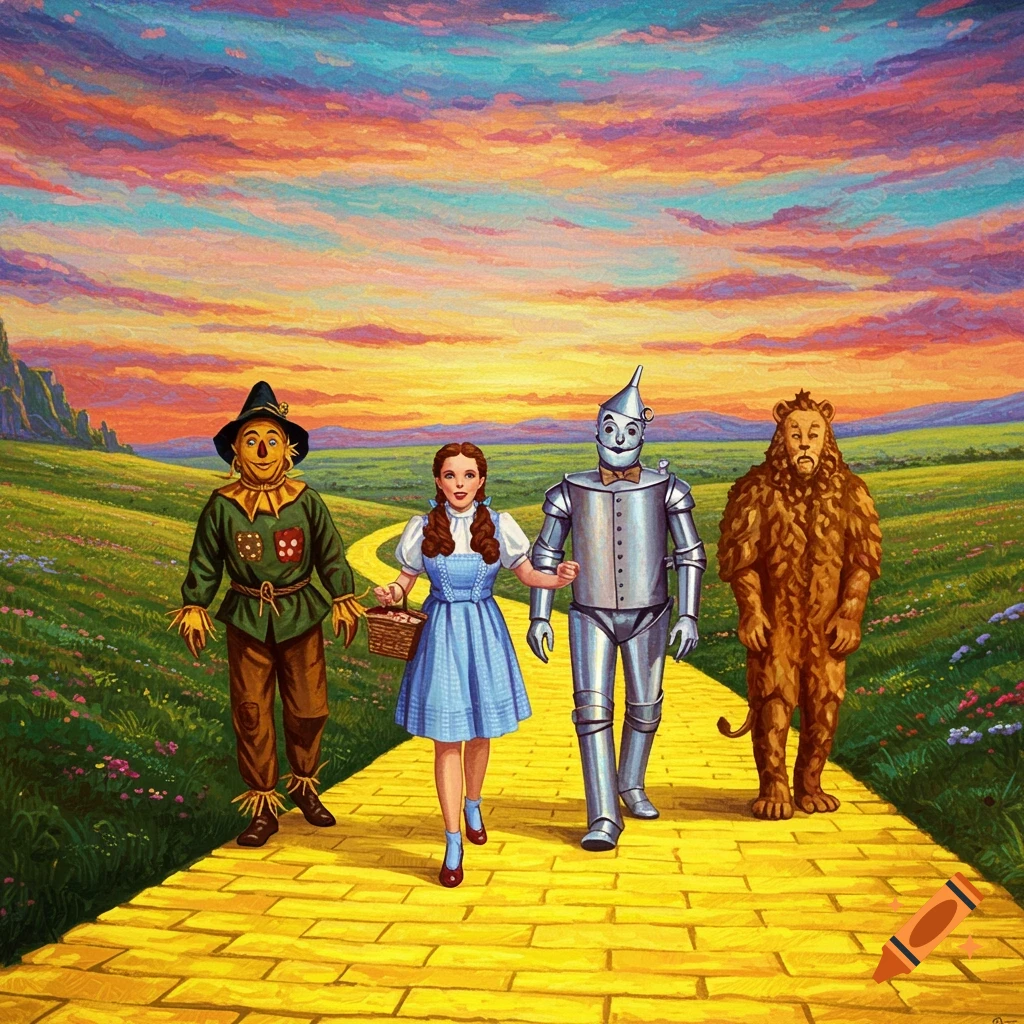 Dorothy, the Scarecrow, the Tin Man, and the Cowardly Lion walk the yellow brick road under a vibrant, surreal sky.