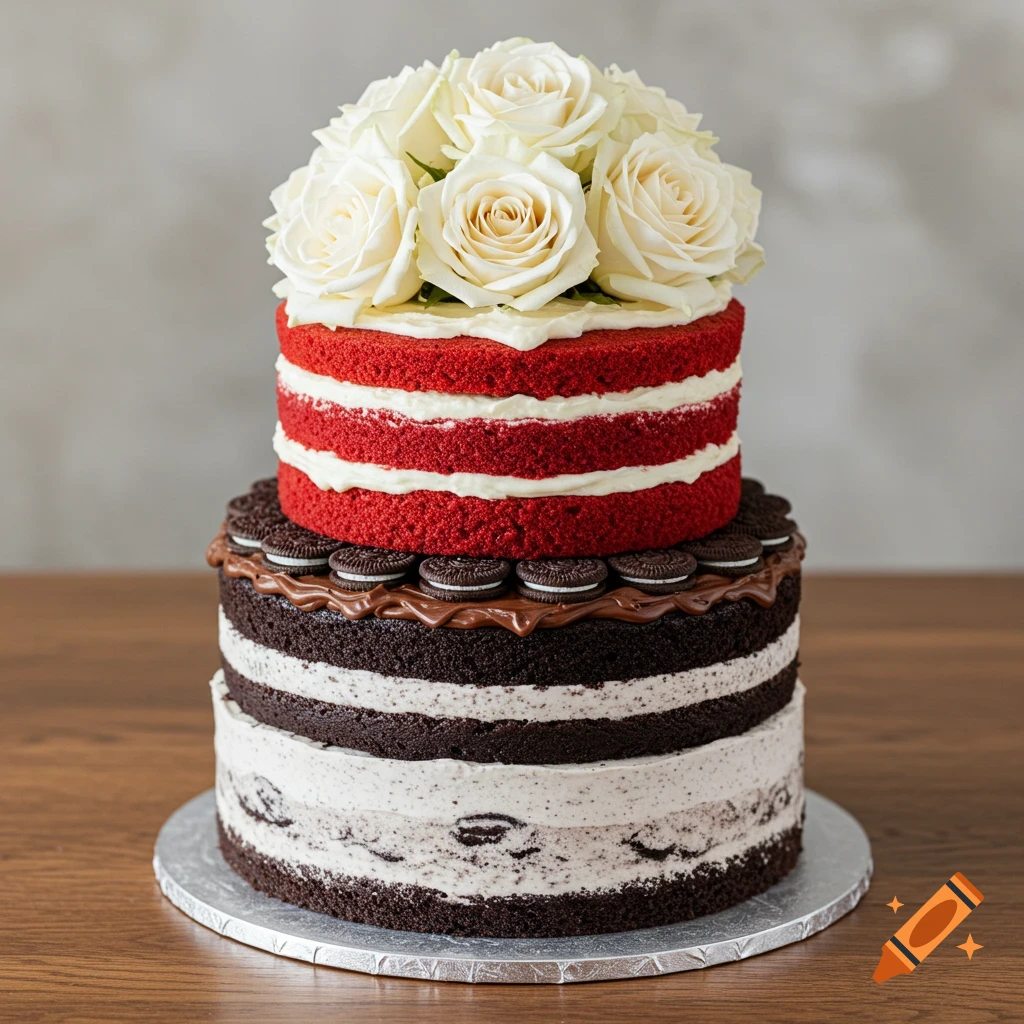 Naked two-tier cake with red velvet, chocolate, and Oreo layers, decorated with white roses and Oreo cookies.