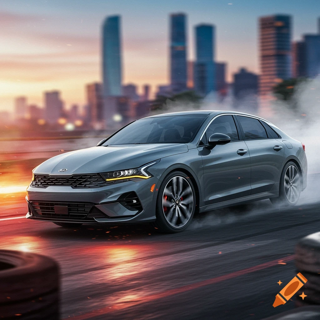 Hyperrealistic image of a grey Kia K5 car drifting on a road with smoke and a cityscape backdrop.