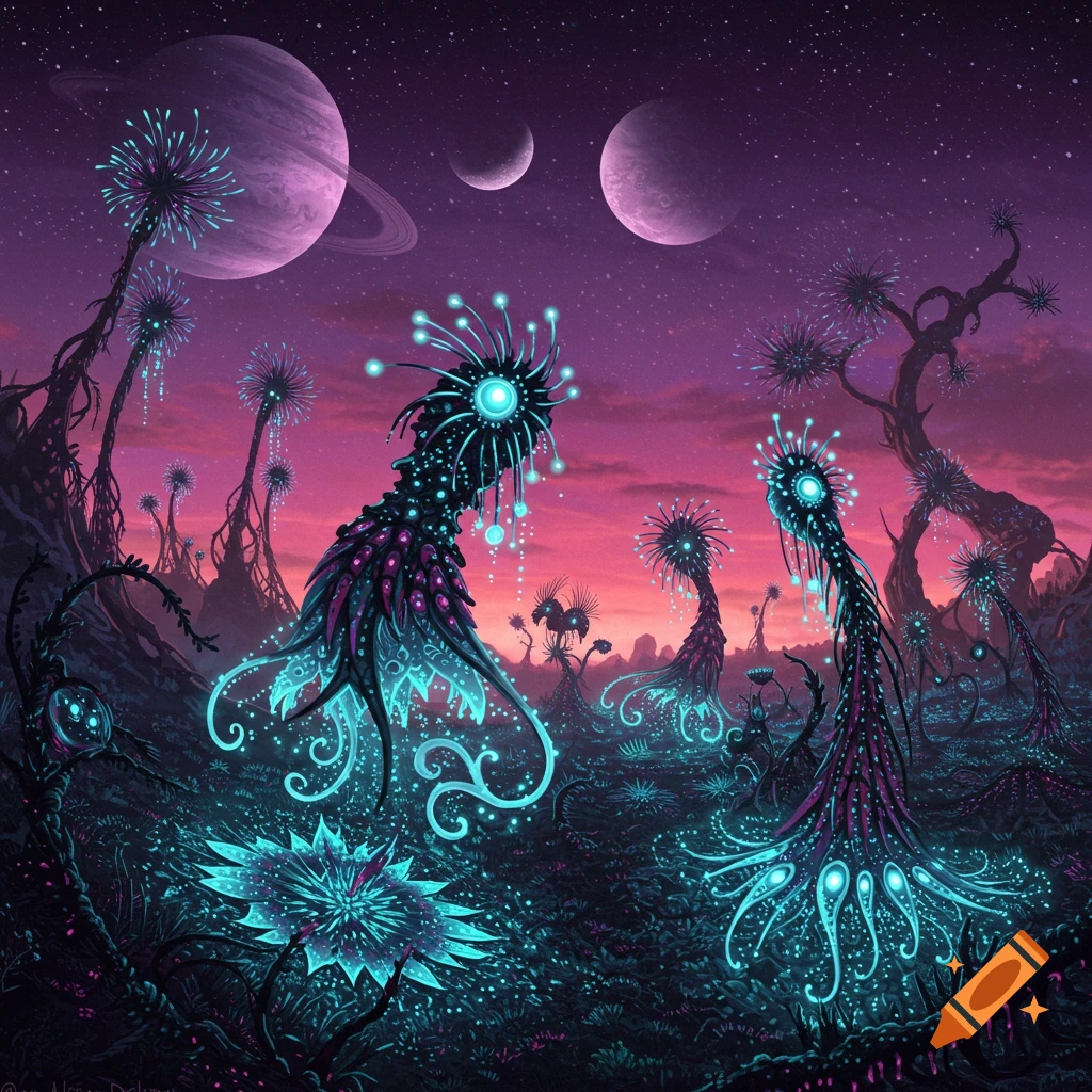 An alien landscape with bioluminescent creatures and plants under multiple planets.