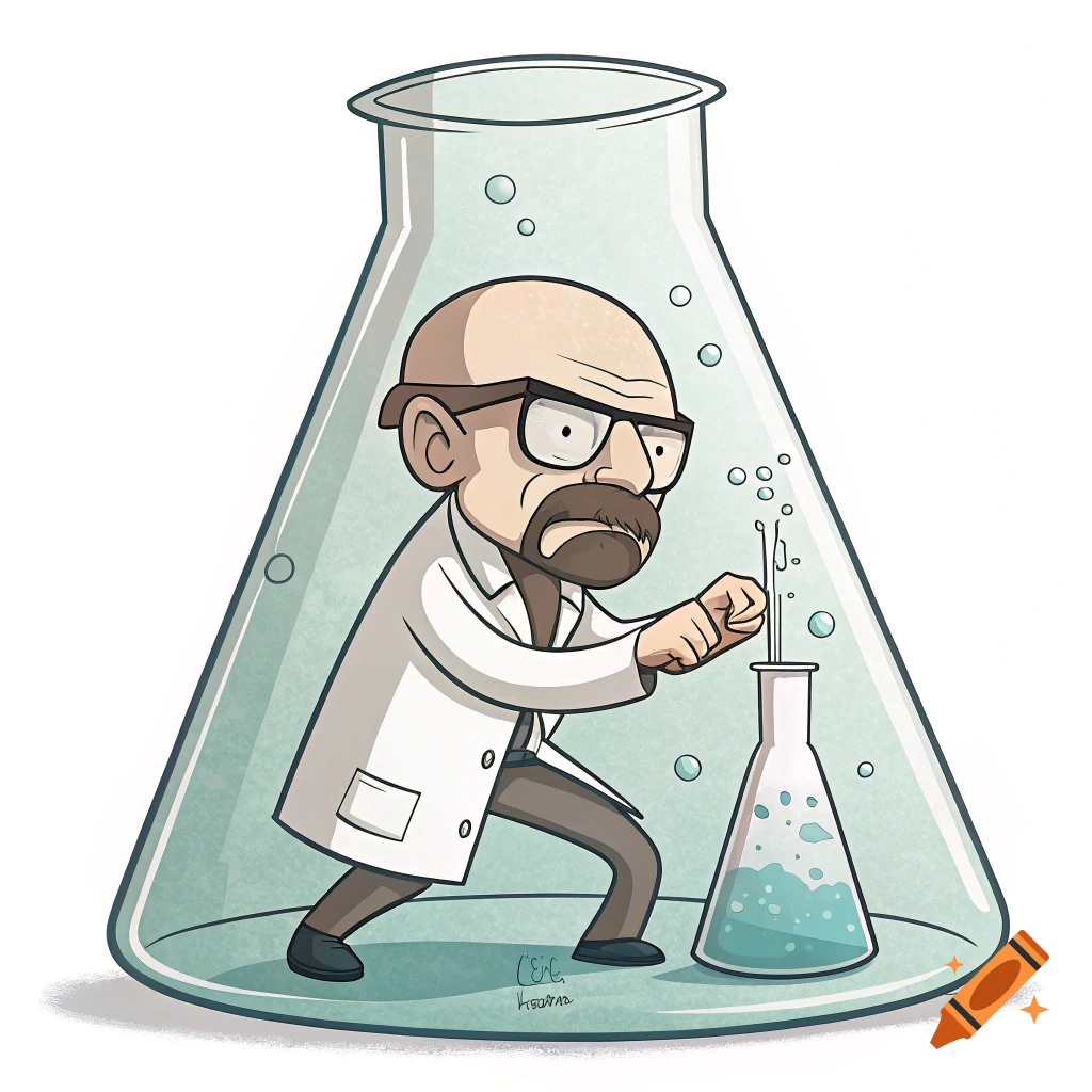 Cartoon chemist resembling Walter White is stuck inside a large beaker.