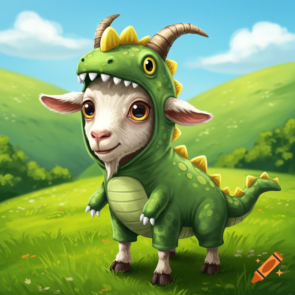 A cute goat wearing a green dinosaur costume is in a grassy field