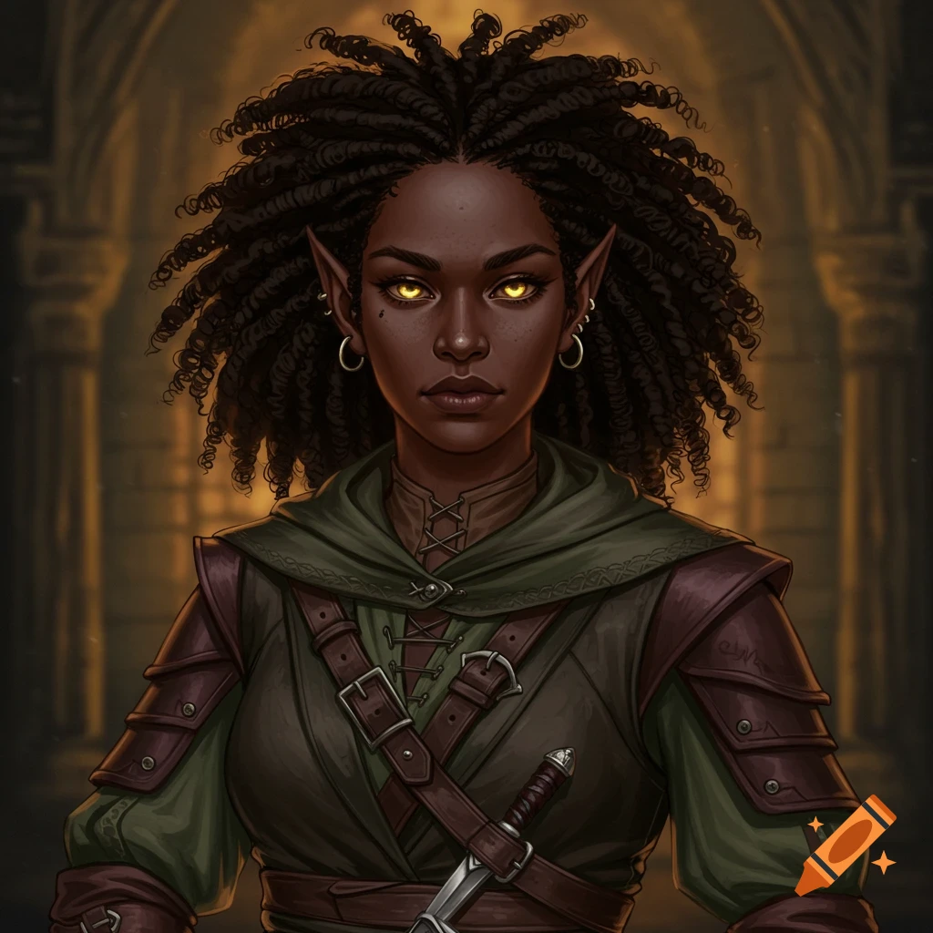 A dark-skinned half-elf rogue with curly hair, glowing eyes, and leather armor in a dungeon.