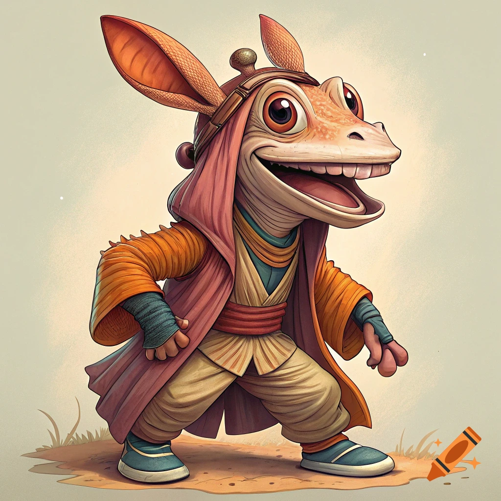 A cartoon character resembling Jar Jar Binks in an orange cloak and sandals stands on a dirt patch.