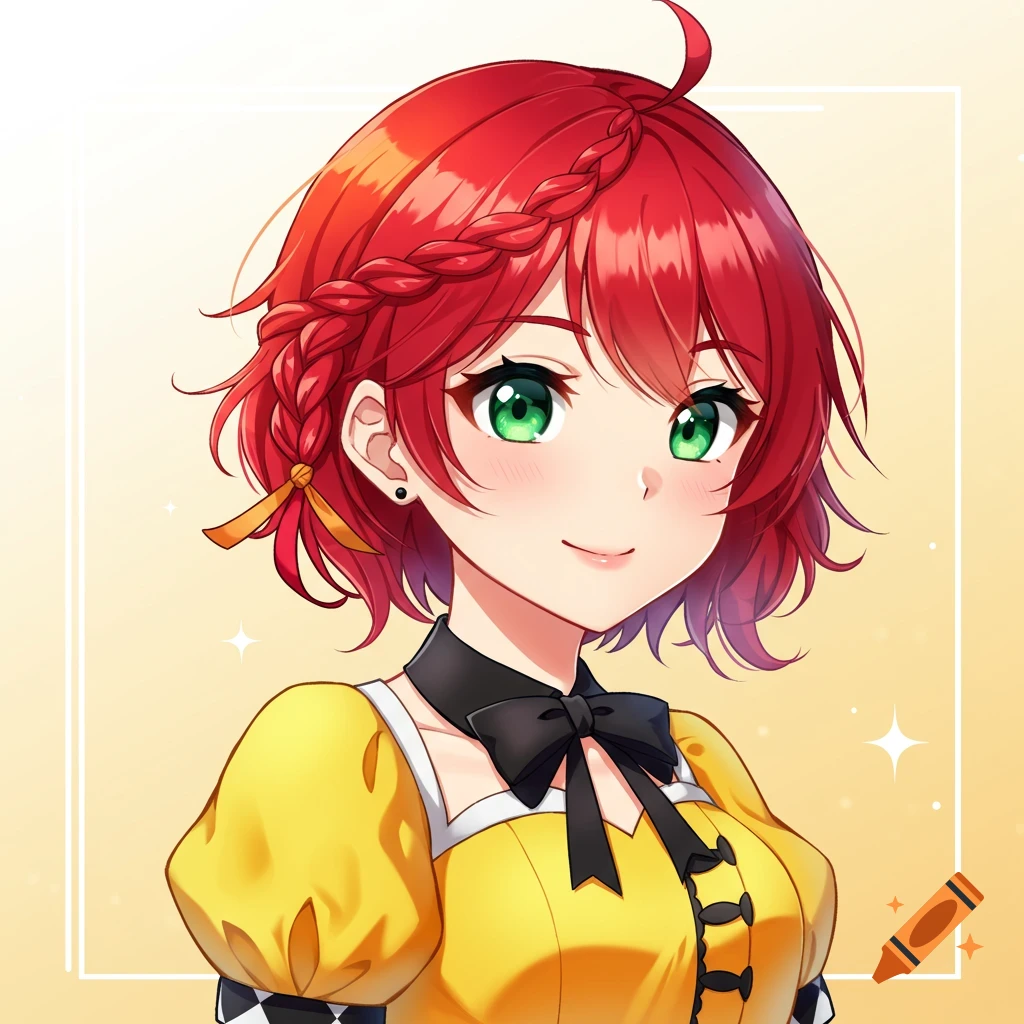 Anime portrait of a girl with red braided hair and green eyes wearing a yellow dress.