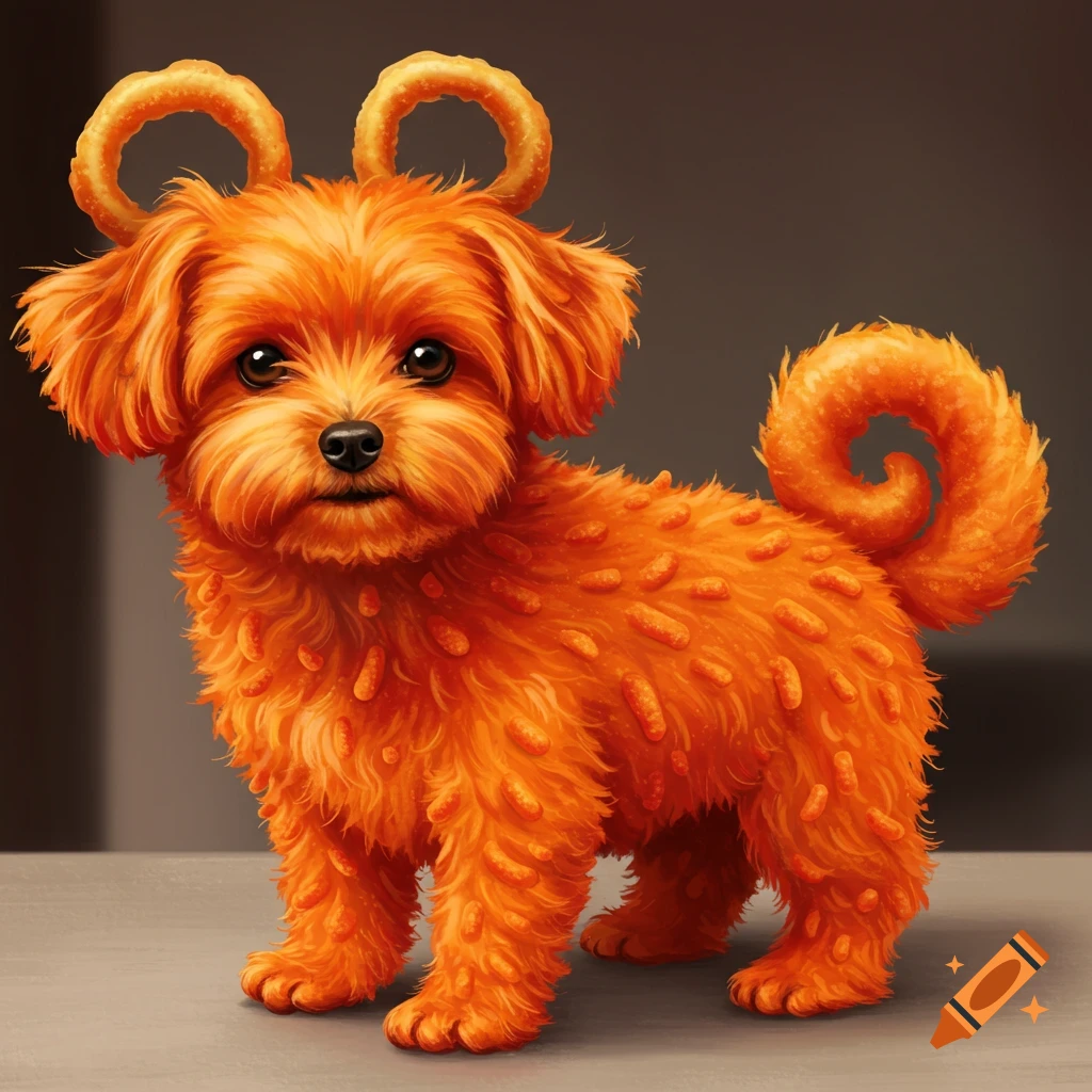 Small orange dog with snack fur, onion ring ears, and curled snack tail.