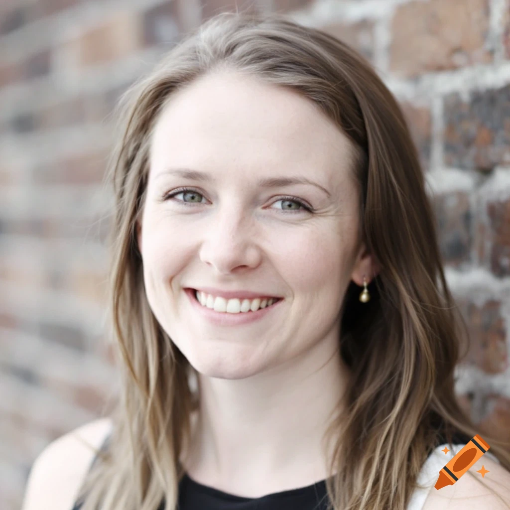 A smiling woman in a black and white top stands against a brick wall.