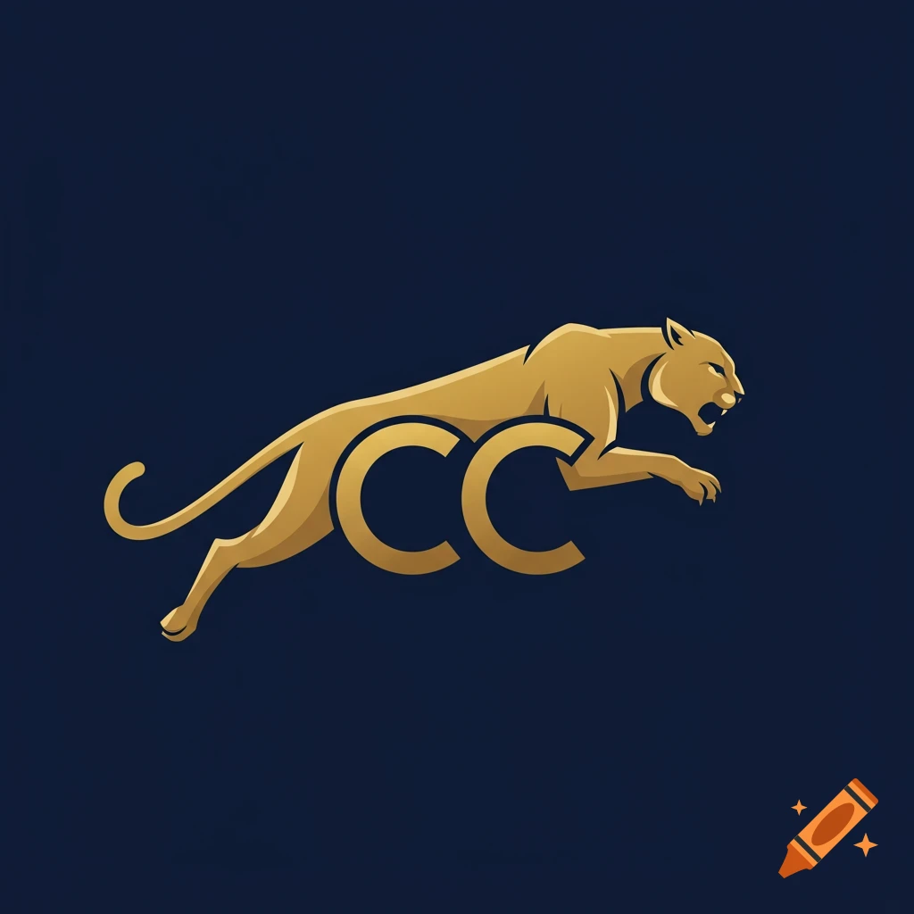 Golden cougar logo jumping over the letters CC on a dark background.