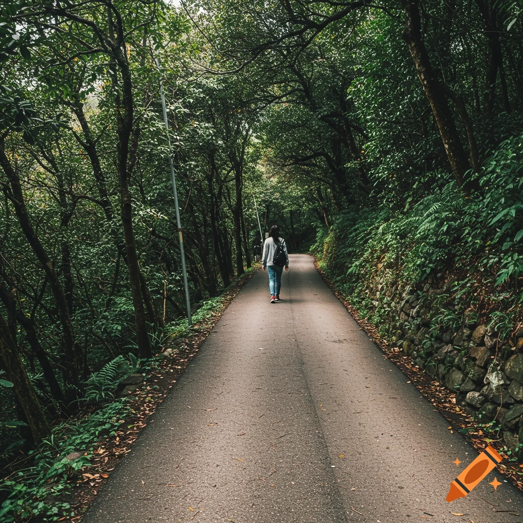 A person walks away down a tree-lined path through a forest.