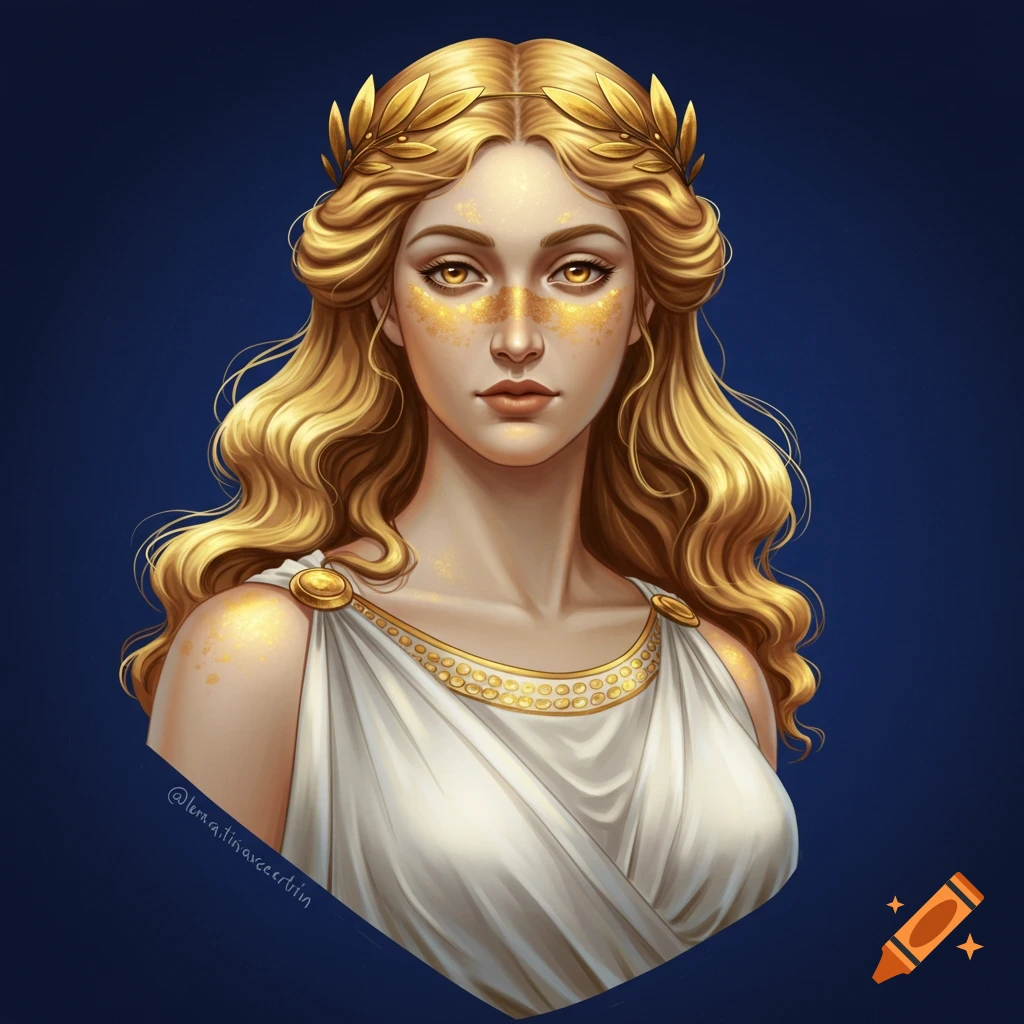 Bust of a Greek goddess with blonde hair, gold crown, and white robe.