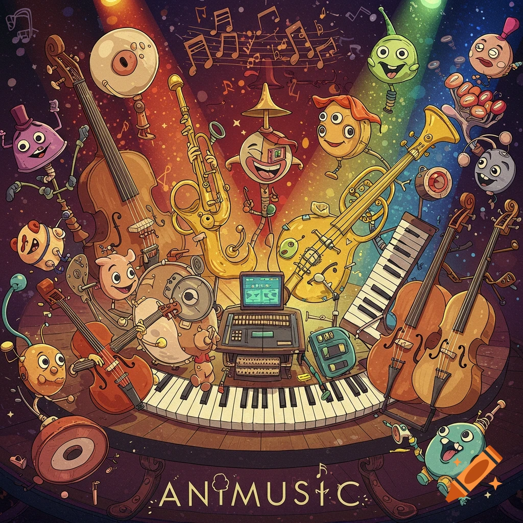 Whimsical cartoon characters play various musical instruments on a stage under colorful lights.