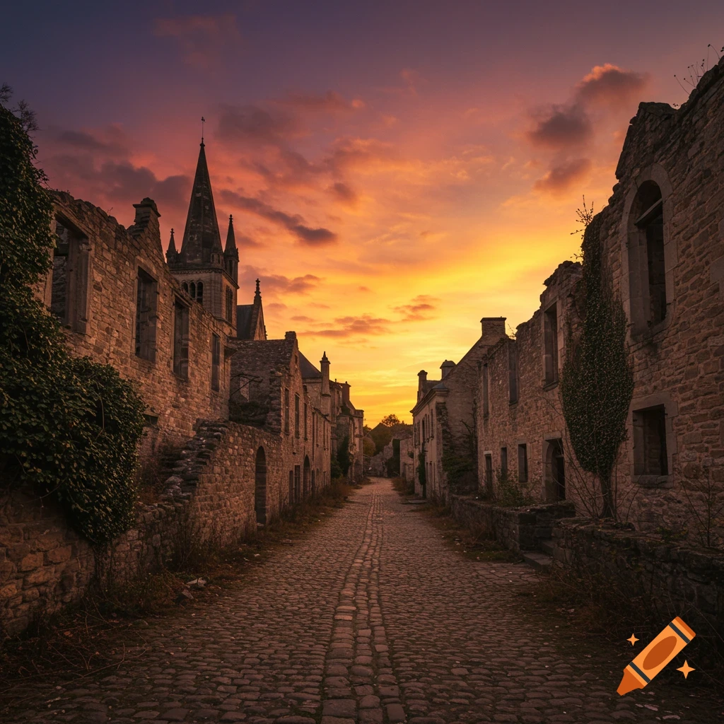 A cobblestone street leads through the ruins of an abandoned medieval town under a colorful sunset sky.