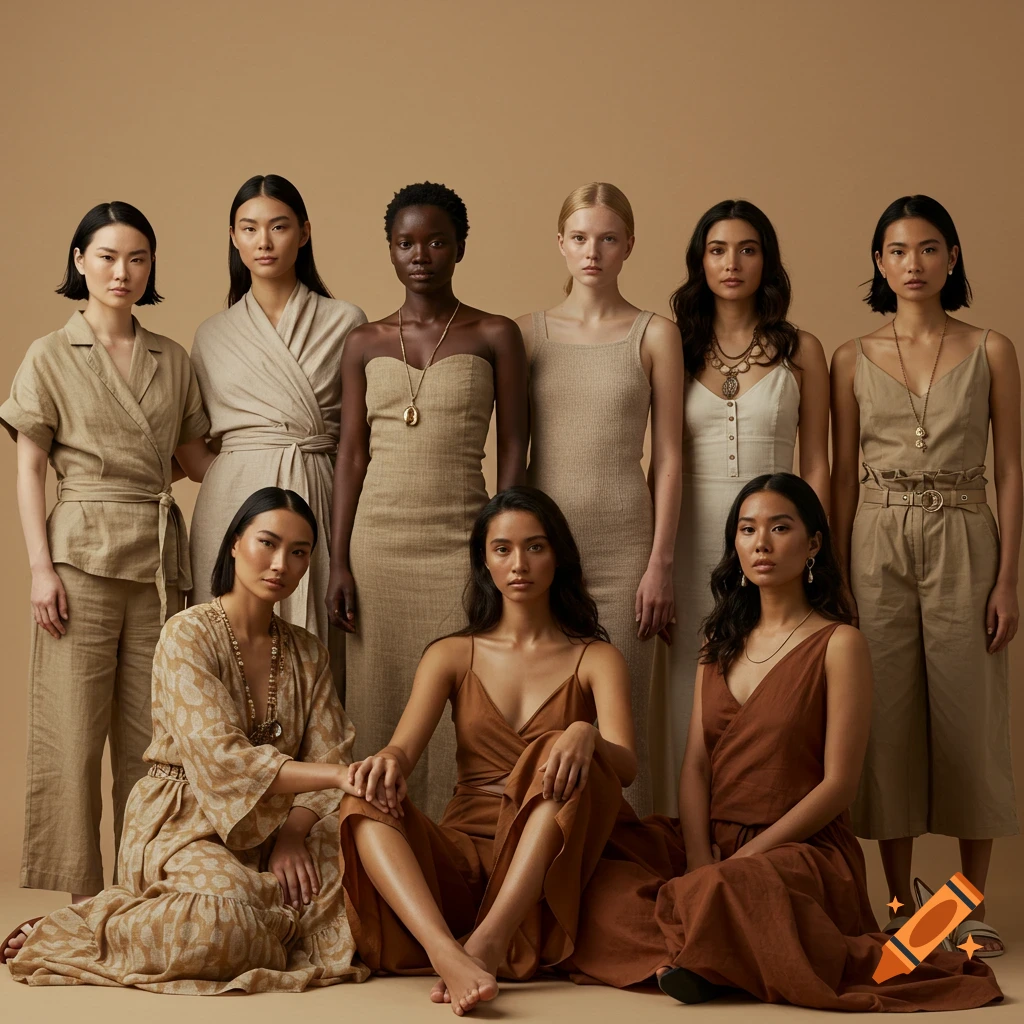 Group portrait of diverse female models in neutral fashion outfits in a studio