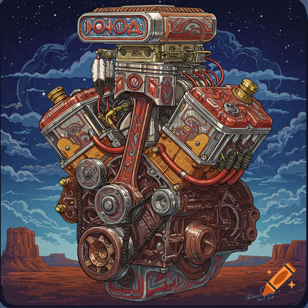 A stylized car engine with Native American patterns in a desert landscape