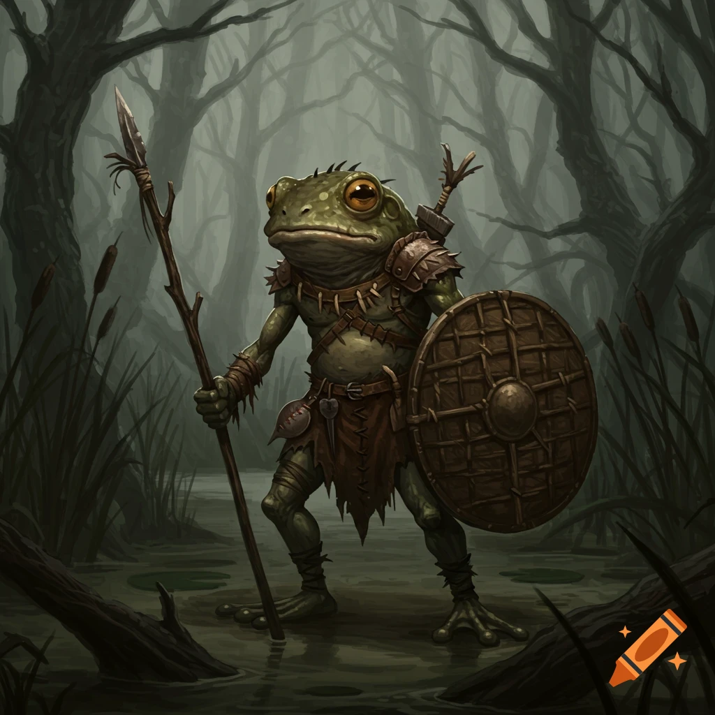 A frog warrior with a spear and shield in a dark swamp.