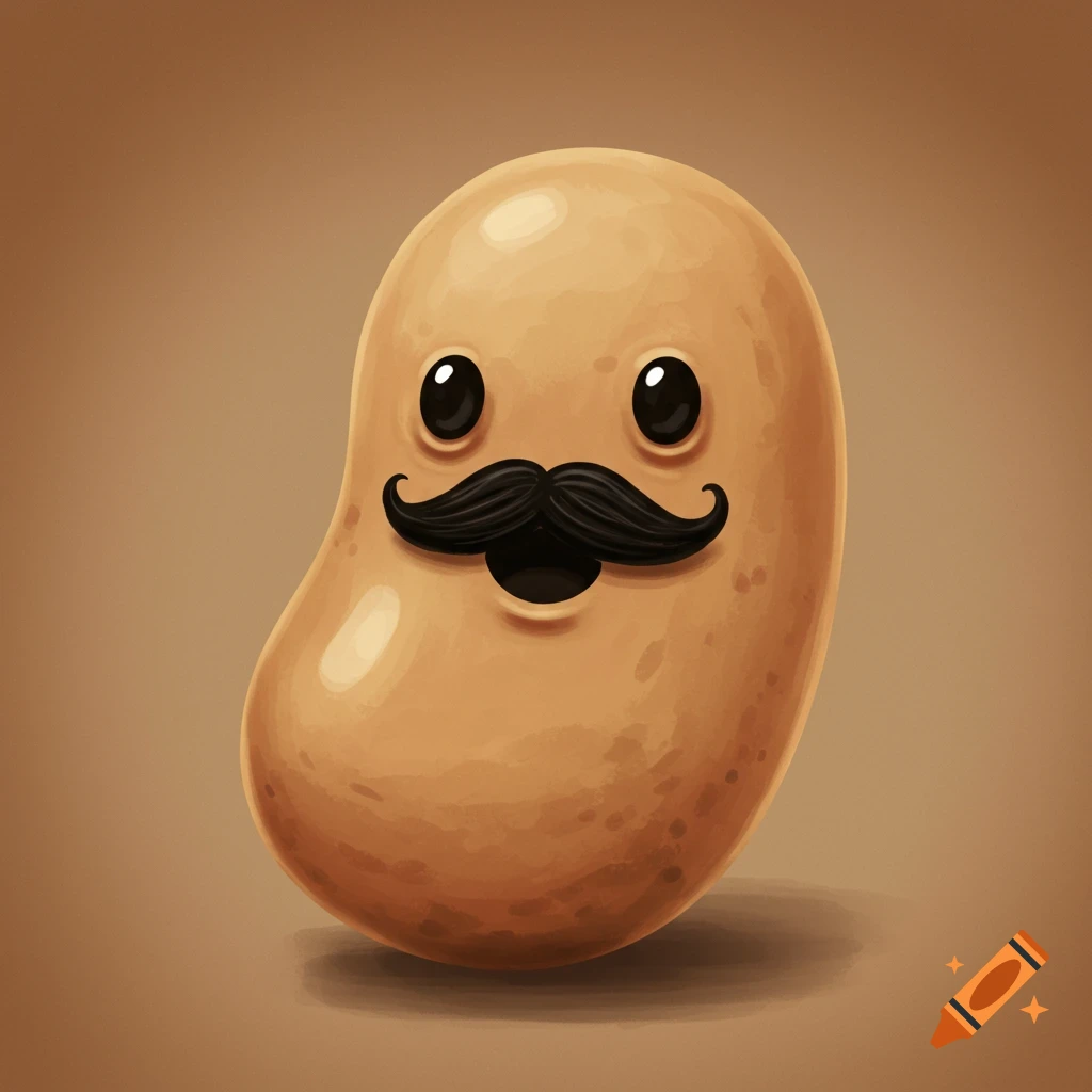 A cartoon brown bean with eyes and a mustache.