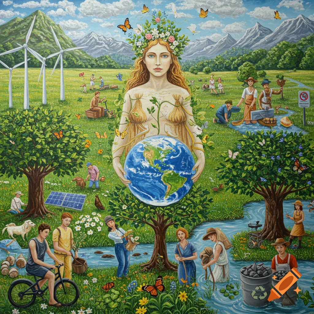 Painting of Earth goddess holding planet, surrounded by people engaged in environmental work in lush landscape with renewables.