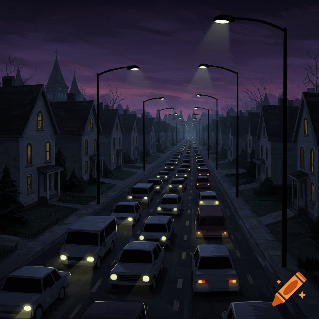 An illustration of a traffic jam on a suburban street at night, with dark houses and streetlights, in an American Gothic style.
