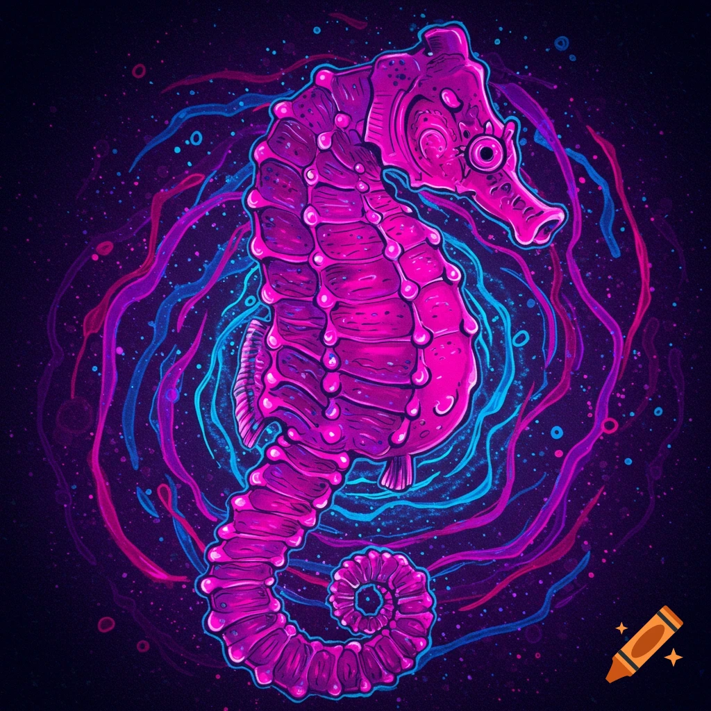 A psychedelic digital art illustration of a seahorse in pink and blue neon colors.