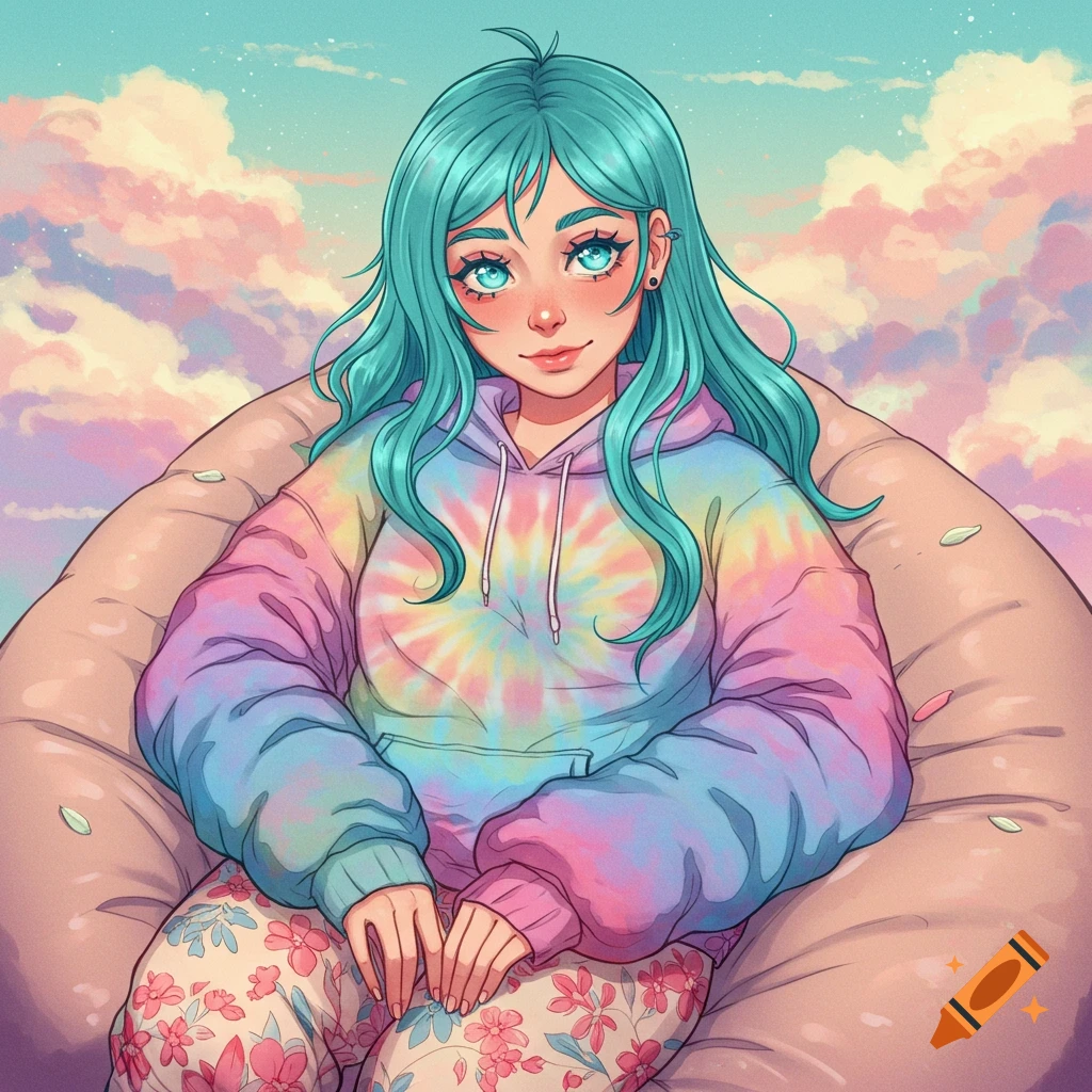 Anime portrait of a woman with blue hair in a tie-dye hoodie sitting on a beanbag.