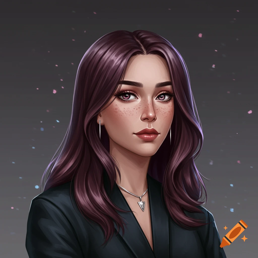 Stylized portrait of a woman with dark hair, freckles, and a blazer.