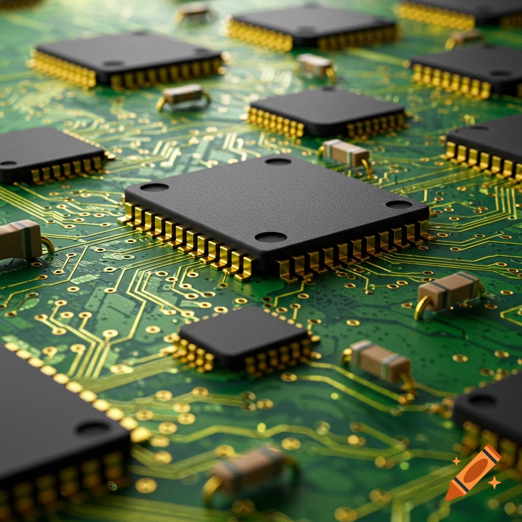 Up close view of a green circuit board with black chips and gold connections.