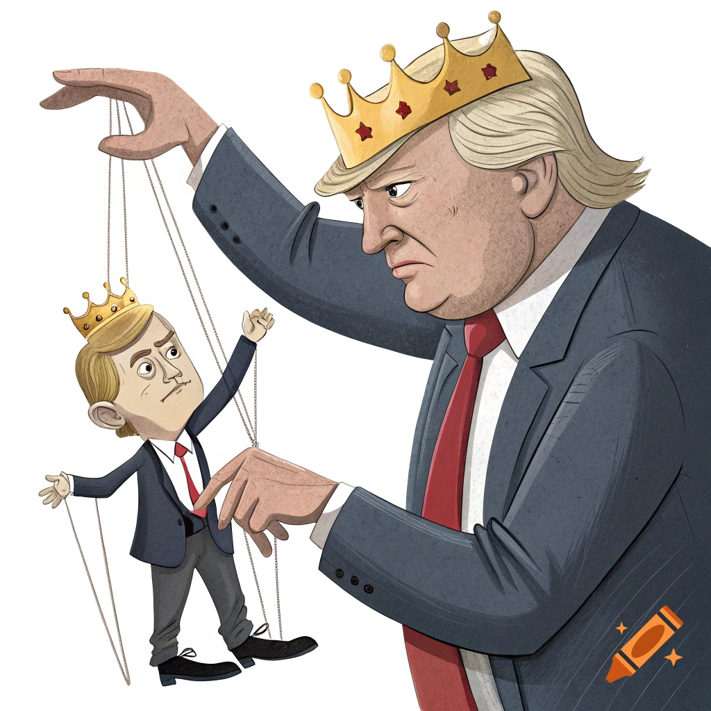 Political cartoon of a large figure with a crown, resembling Donald Trump, controlling a smaller puppet figure with a crown via strings.