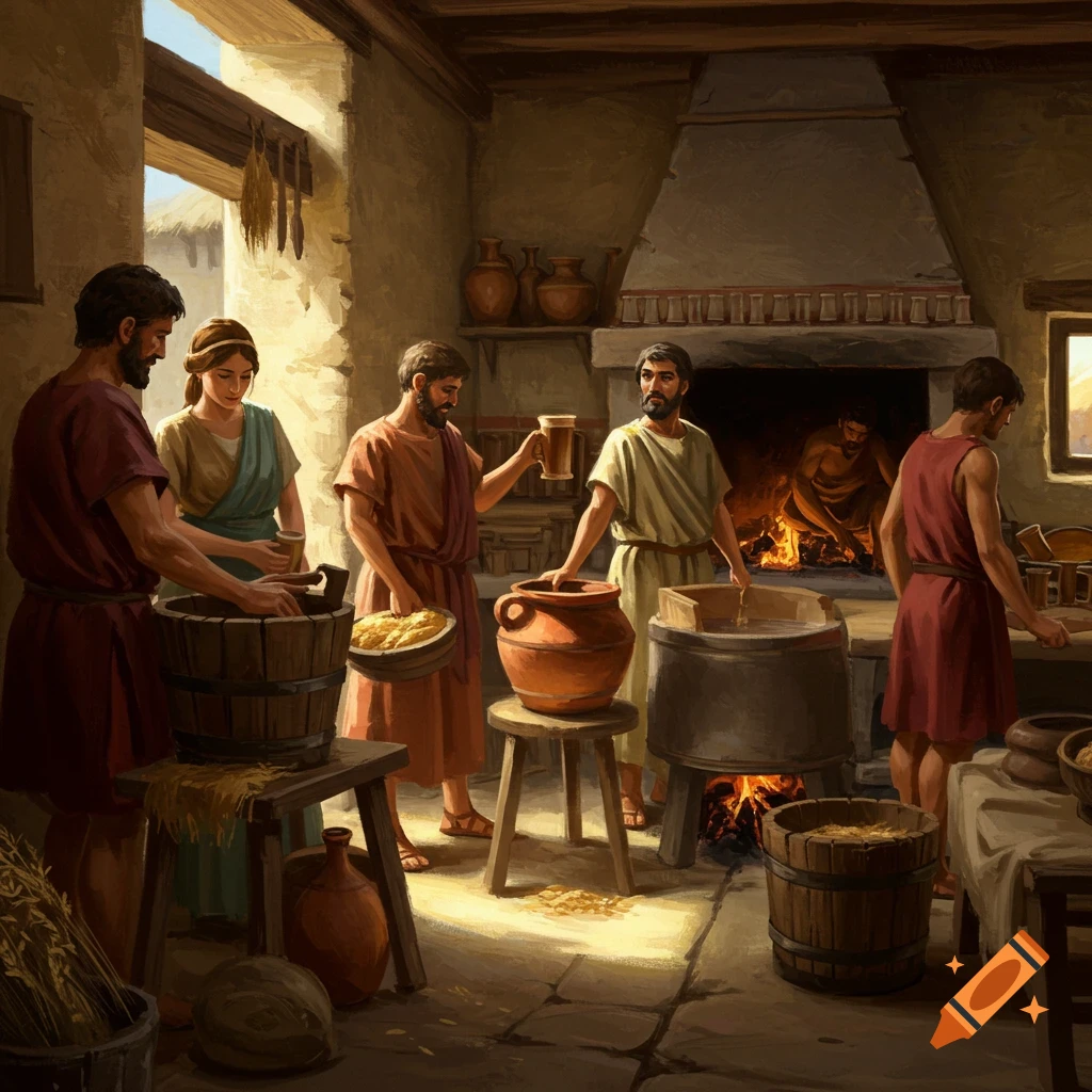 People brewing in an ancient room with large vats and a fire.