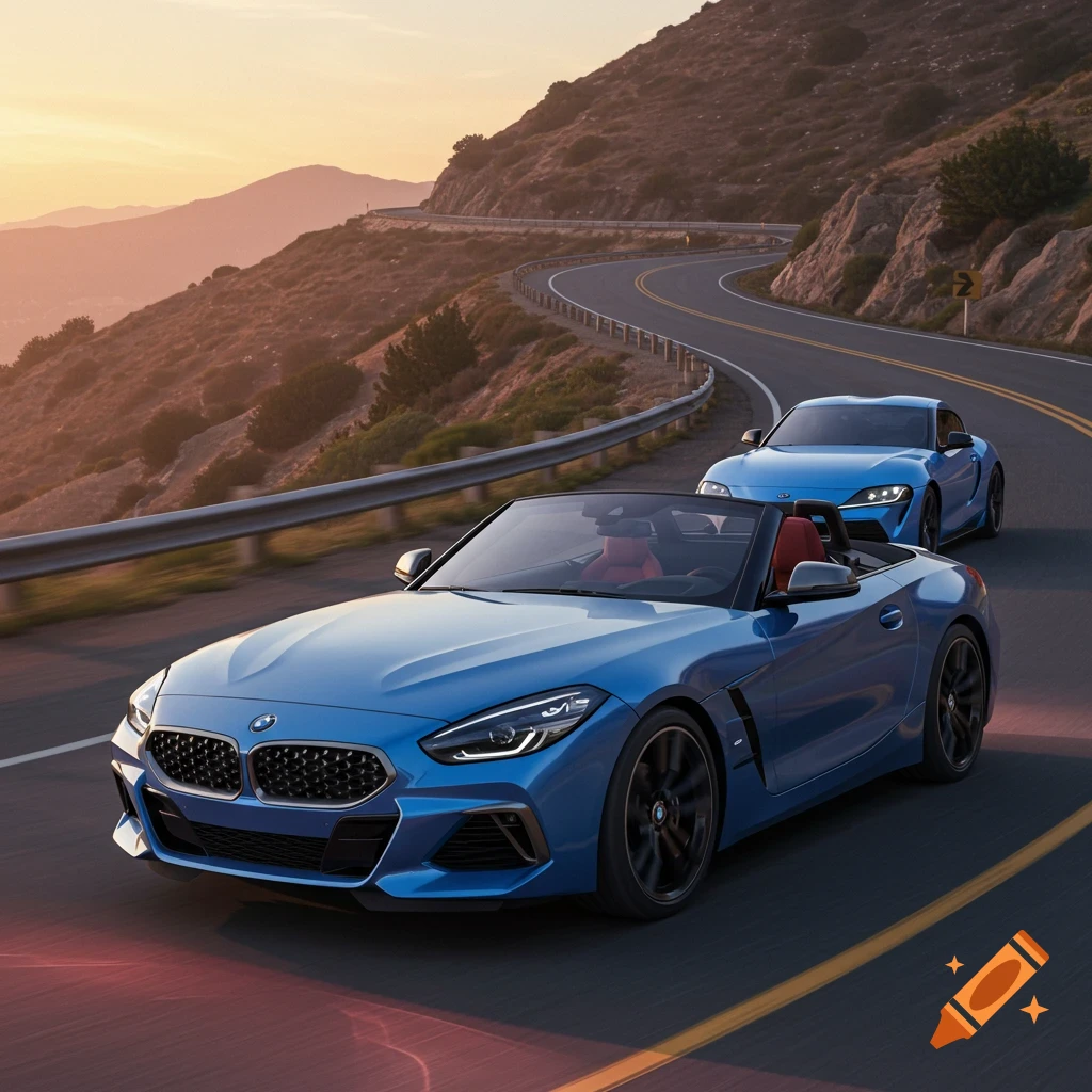 Blue convertible and coupe cars driving on a mountain road at sunset.