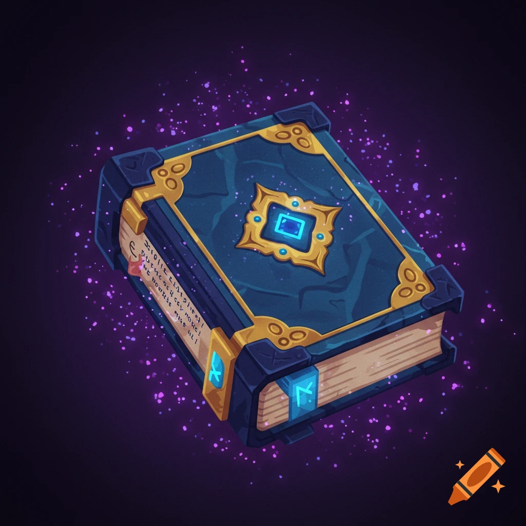 A stylized enchanted book with gold and blue details, surrounded by purple particles.