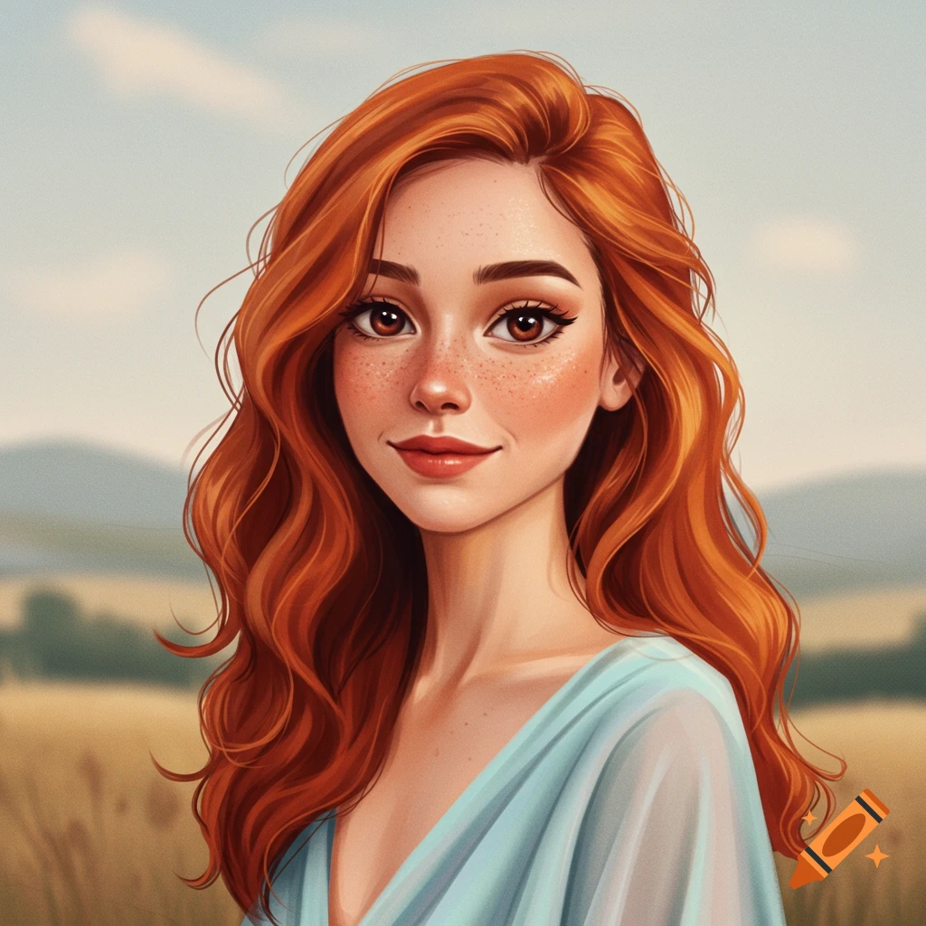 Digital portrait of a redhead with freckles in a field