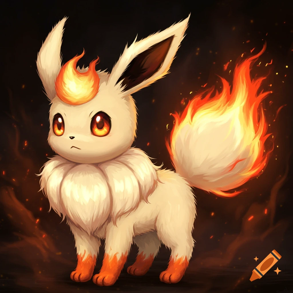 A cute fire-type Pokemon with flames on its head and tail stands in a dark setting with fire sparks.