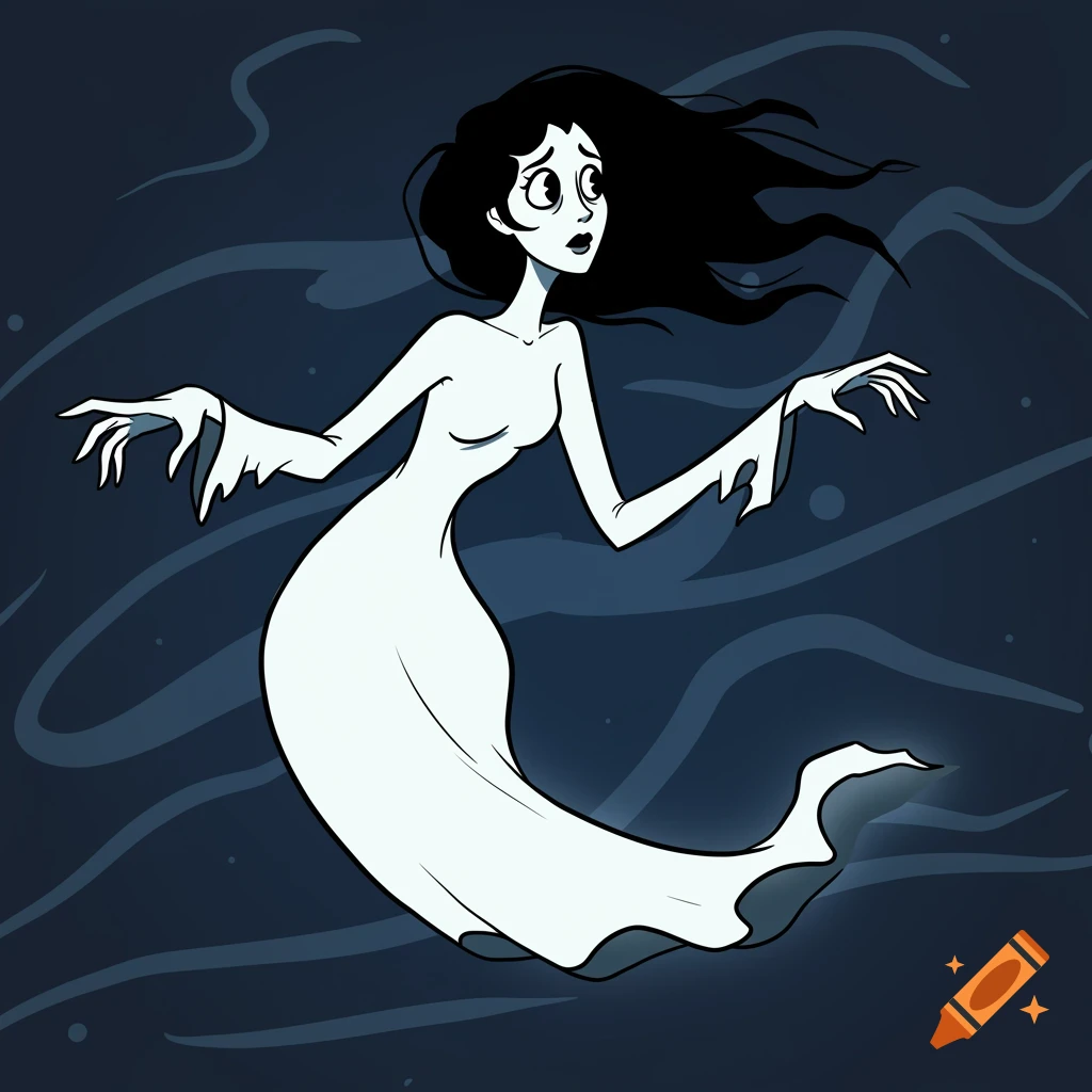 A stylized rubber hose style cartoon illustration of a female ghost floating with outstretched arms.