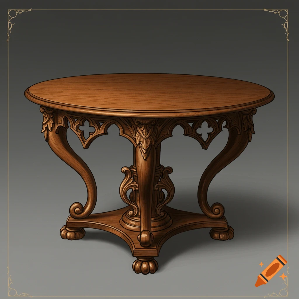 An ornate wooden table combining Rococo, Gothic, and Queen Anne styles