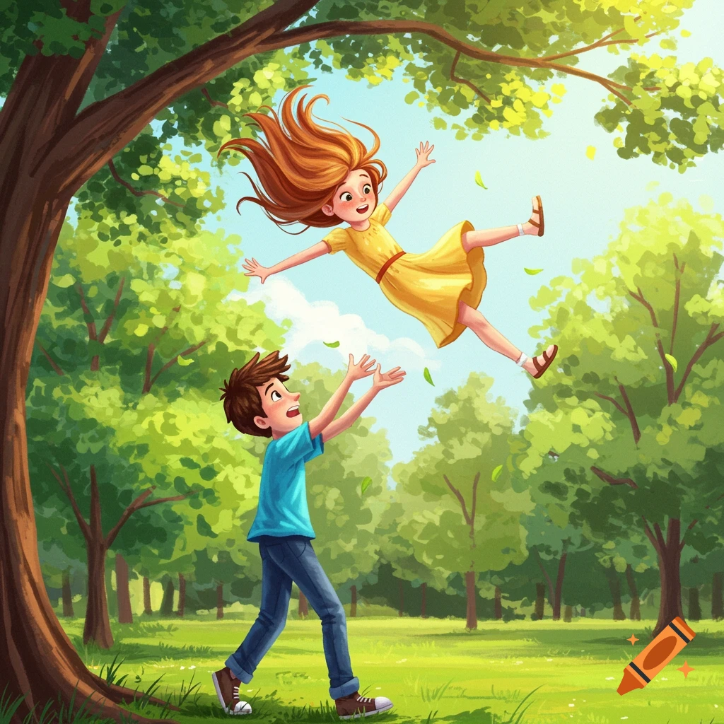 Illustration of a boy catching a girl falling from a tree in a sunny park.