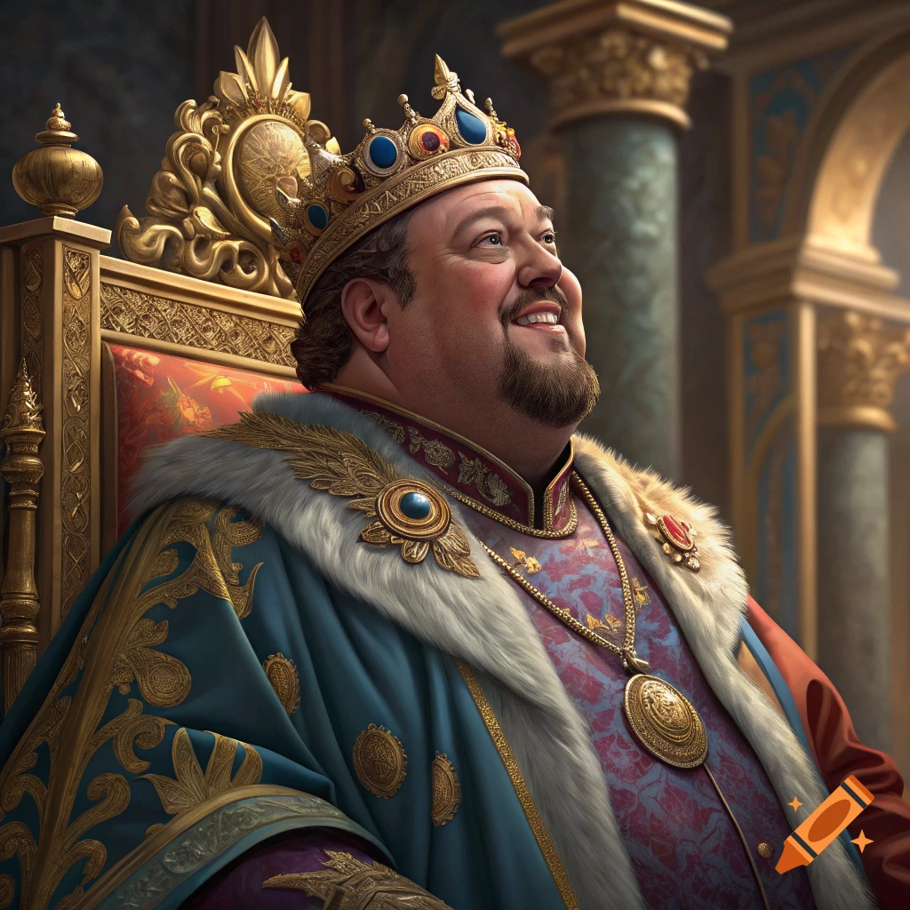 A man resembling Kevin James wears a jeweled crown and ornate king's robe while sitting on a throne and smiling.