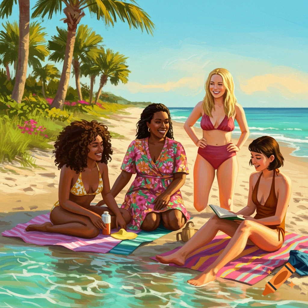 Four women on a sunny beach, relaxing on towels, with palm trees and the ocean in the background.