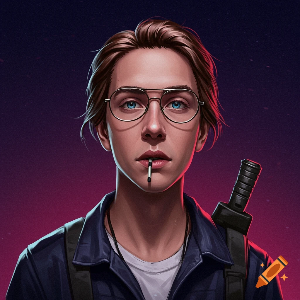 Portrait of a person with glasses, cigarette in mouth, and weapon strap over shoulder.