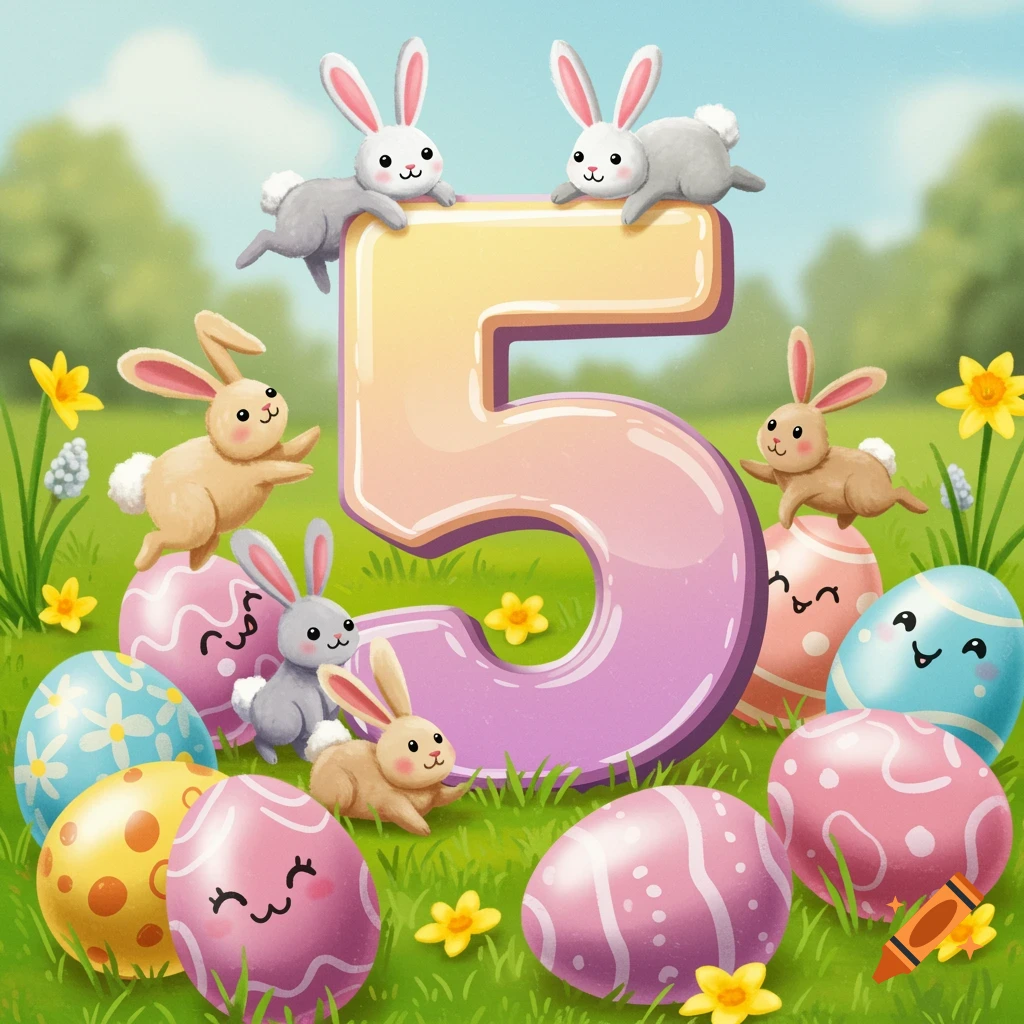 A whimsical image shows a large colorful number 5 surrounded by cute bunnies and pastel Easter eggs in a meadow.